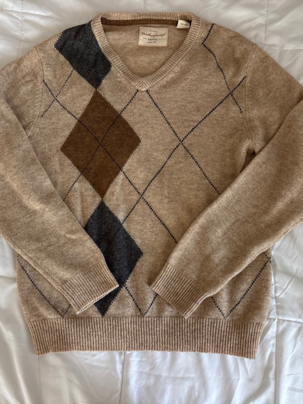 Vintage Tan Argyle V-Neck Sweater